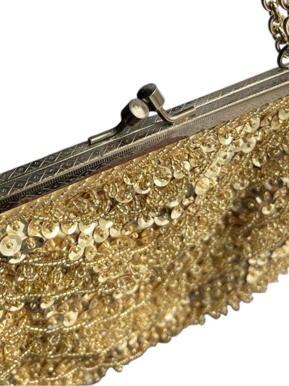Vintage Gold Sequin Evening Bag Beaded Gold Tone Frame Chain Strap - Picture 10 of 14